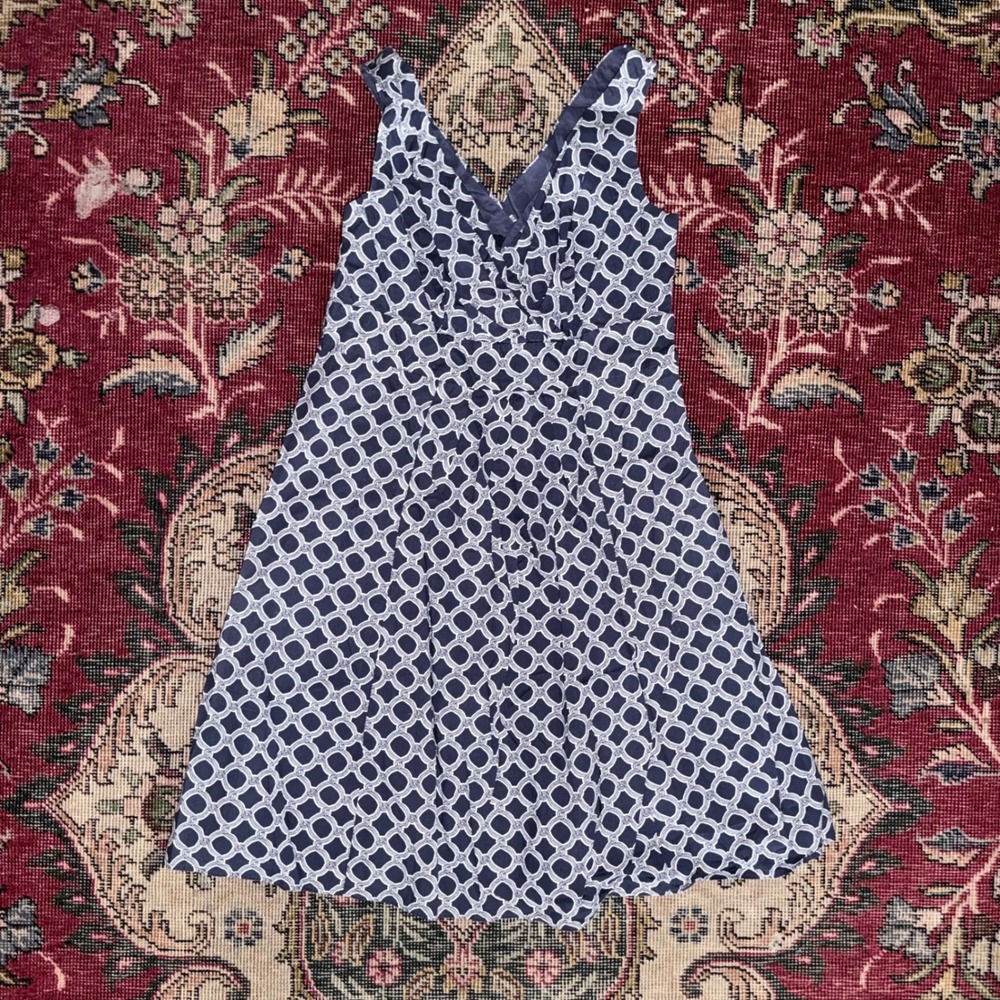 Lands End Dress Womens 4P Blue Excellent Geometric V-Neck Sleeveless A-Line